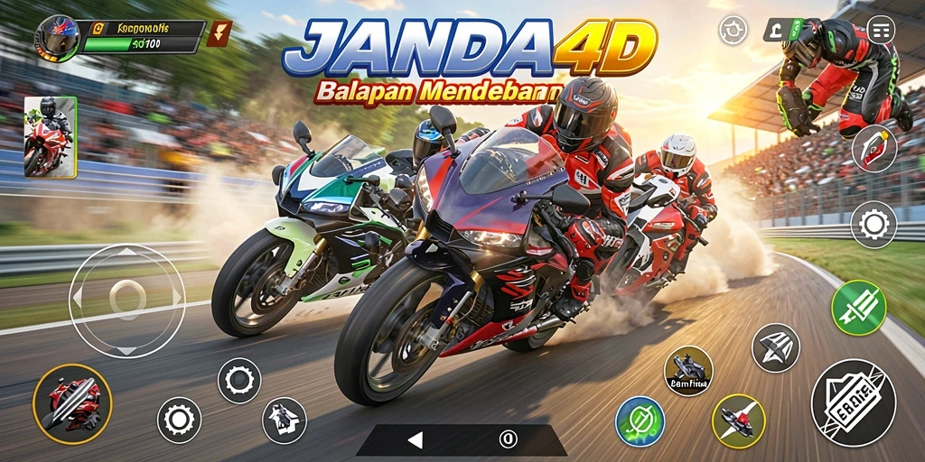 Tampilan gameplay JANDA4D yang penuh aksi balapan motor.