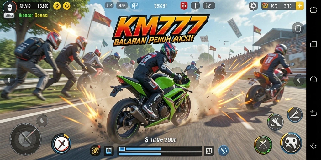 Tangkapan layar gameplay KM777 yang menampilkan balapan motor yang mendebarkan.