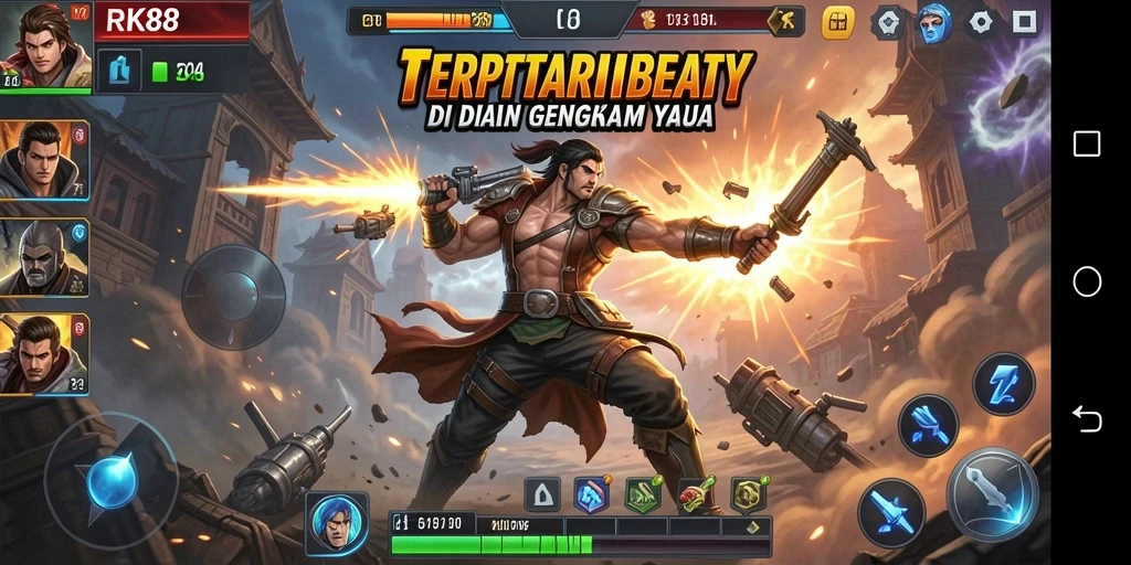 Menampilkan pertarungan epik dalam game RK88 dengan karakter unik.